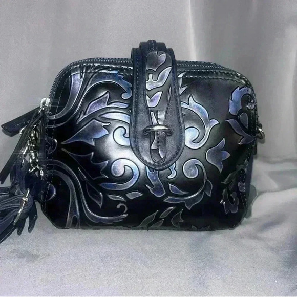 madi claire Handbags - Madi Claire Abigale Tooled Leather Crossbody Handbag Black Ink Purple Embossed